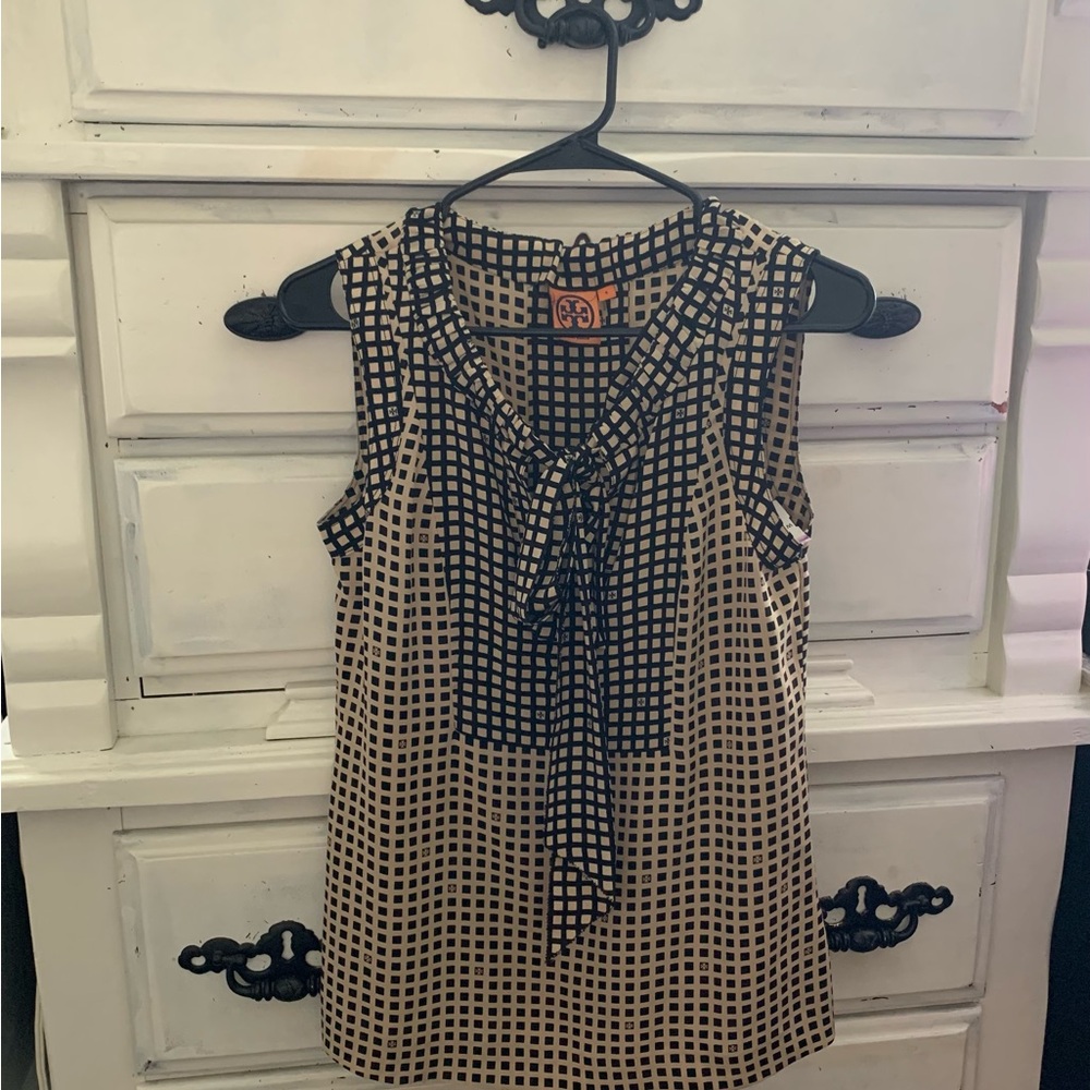 Tory Burch Black and Gold Checkered Blouse. It is size 4.